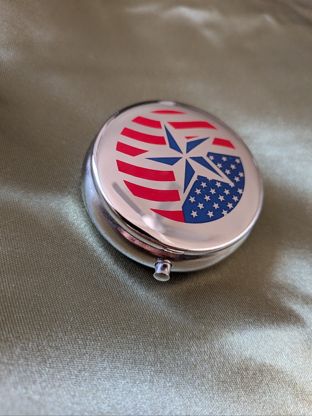 Patriotic Round Decorative Trinket Box - Silver with Red & Blue Star Design